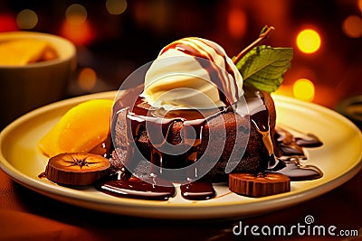 Chocolate fondant. A dessert dish call chocolate lava, include vanilla ice cream and banana Stock Photo