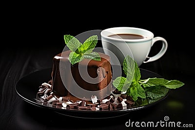 Chocolate Fondant with Hot Chocolate and Mint, Delicious Food Photography Stock Photo