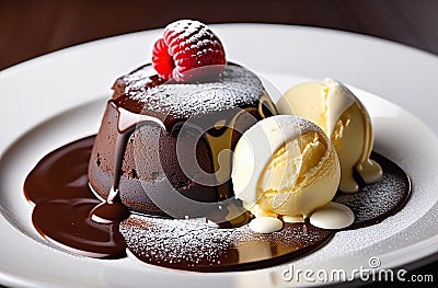 Chocolate fondant with ice cream on a white plate Stock Photo