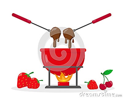 Chocolate fondue in ceramic bowl and berries Vector Illustration