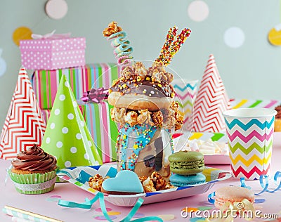 Chocolate freak shake with donut on the party table near macaroons Stock Photo