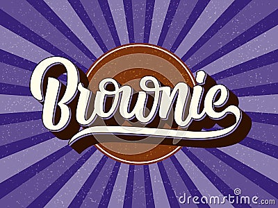 Chocolate fudge brownie vector poster. Hand drawn lettering typography and label isolated on textured purple sunburst background Vector Illustration