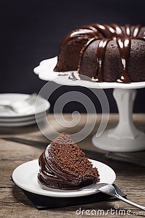 Chocolate Ganache Bundt Cake Slice Stock Photo