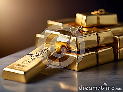 Chocolate gold bars for a gift on a blurred background Stock Photo