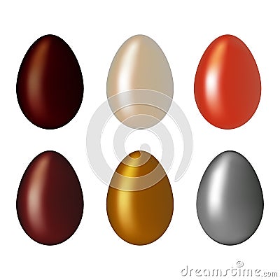 Chocolate, golden, silver Eggs isolated on a white background. Colorful natural ecological product. Healthy food. Easter symbol. Vector Illustration