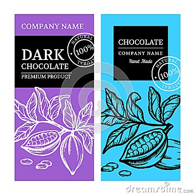 CHOCOLATE Handmade Cocoa Design Label Vector Illustration Set Stock Photo