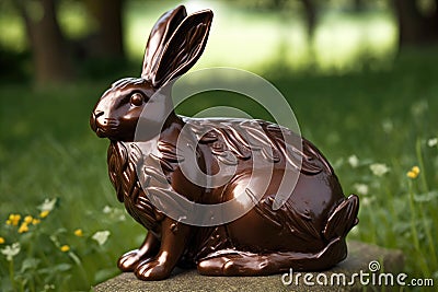 Chocolate Hare On Grass Background. Generative AI Stock Photo