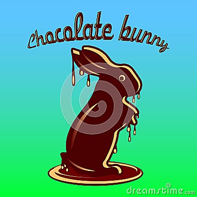 Chocolate hare melted with chocolate droplets, cartoon on blue-green gradient background, Vector Illustration