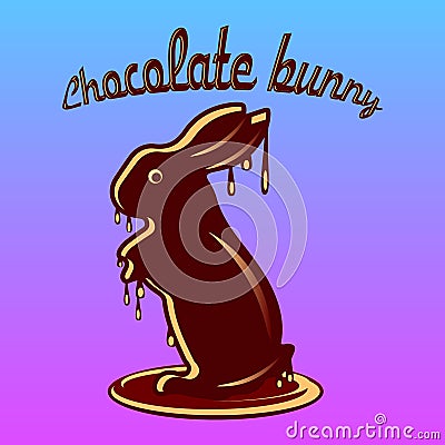 Chocolate hare, melted with chocolate droplets, cartoon on a blu Stock Photo