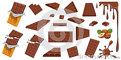 Chocolate. Hazelnut. Milk chocolate. Sweetened block made from roasted and ground cacao seeds. Milk chocolate bar and pieces. Vector Illustration