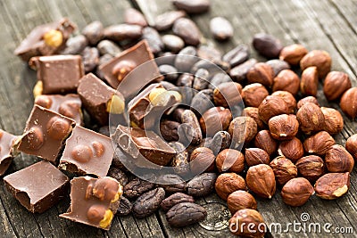 Chocolate, hazelnuts and cocoa beans Stock Photo