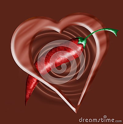 Chocolate heart and chili pepper Stock Photo