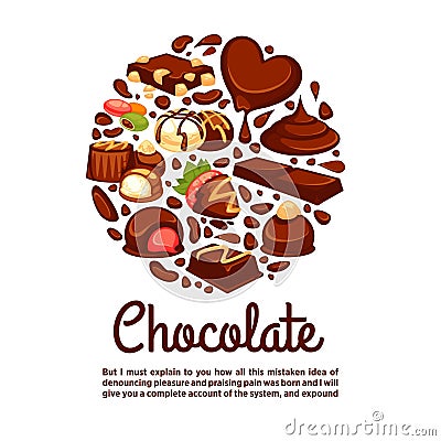 Chocolate heart poster template of confectionery desserts and truffle candy Vector Illustration
