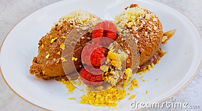 Chocolate Mousse Raspberries Dessert Stock Photo