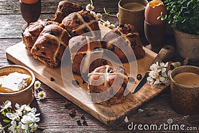 Chocolate Hot Cross Bun for Easter Brunch Stock Photo