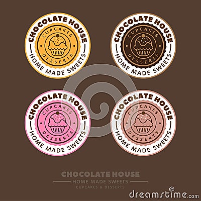 Chocolate house logo. Cafe label. Cupcakes and letters in a colorful circle on a brown background. Vector Illustration