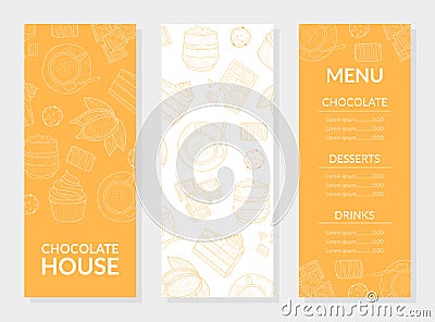 Chocolate House Menu Card Template, Chocolate, Desserts and Drinks, Restaurant, Cafeteria, Confectionery Design Element Vector Illustration