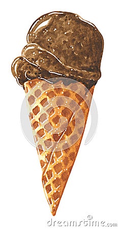 Chocolate ice cream ball in waffle cone, watercolor clip art Cartoon Illustration