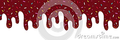 Chocolate ice cream melted with colorful cute candy sprinkles long border, banner seamless pattern, vector white background Vector Illustration