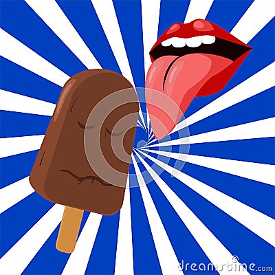 Chocolate ice cream and female tongue. Vector Illustration