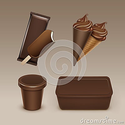 Chocolate Ice Cream Waffle Cone with Plastic Box Vector Illustration