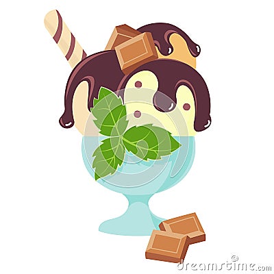 Chocolate ice-cream with waffle, topping and menthol in cup Vector Illustration