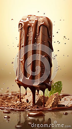 Chocolate ice lolly amidst a dynamic splash of melted chocolate, on a light blurred background. Close up. Vertical Stock Photo