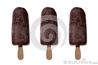 Chocolate ice lolly in a row on white background. Three classic ice cream on a stick Stock Photo