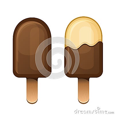 Chocolate Icecream Dessert Set on Wooden Stick Vector Illustration