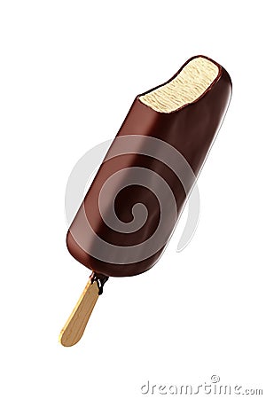 Chocolate icecream dessert on wooden stick isolated on white background. Stock Photo