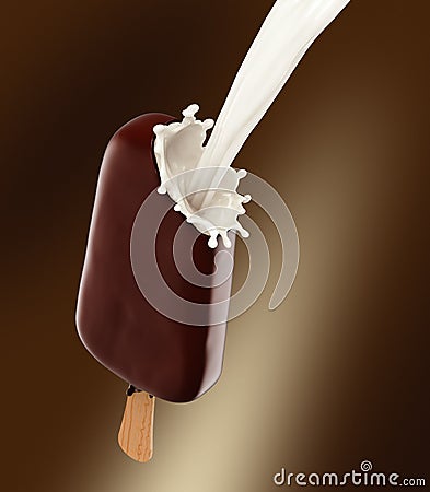 Chocolate icecream with wooden stick and milk splash Stock Photo