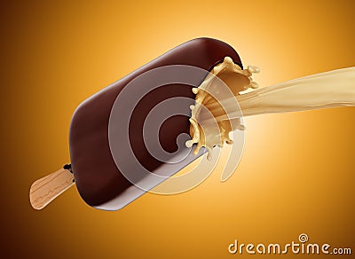 Chocolate icecream with wooden stick and milk splash Stock Photo