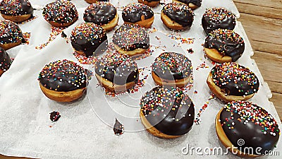 Chocolate icing donuts Sufganiyah or Sufganiyot for Jewish holiday Hanukkah or Hanuka in Hebrew. Sufganiyah - donuts in israel Stock Photo
