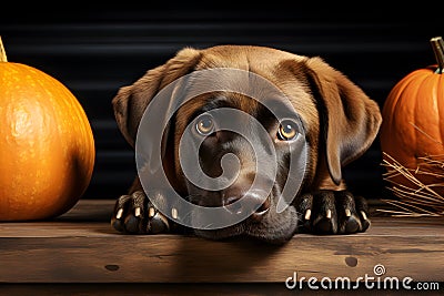 Chocolate Labrador lying on the wooden floor among orange pumpkins with dark background behind it Stock Photo