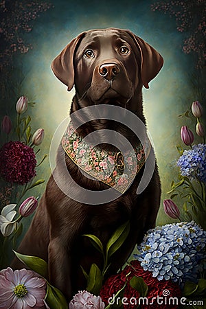 chocolate Labrador Portrait ornate with Flowers Cartoon Illustration