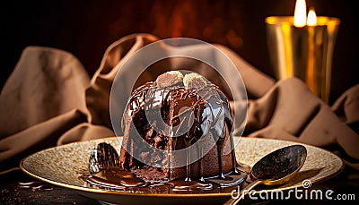 Chocolate lava cake. Dessert with topping and sprinkles served on a plate. Exclusive cake in a dark composition. Advertising. Cartoon Illustration