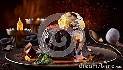 Chocolate lava cake. Dessert with topping and sprinkles served on a plate. Exclusive cake in a dark composition. Advertising. Cartoon Illustration