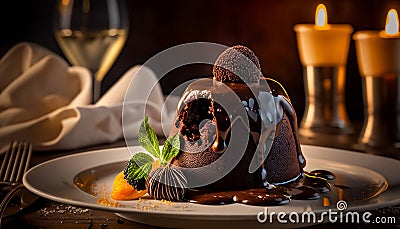 Chocolate lava cake. Dessert with topping and sprinkles served on a plate. Exclusive cake in a dark composition. Advertising. Cartoon Illustration