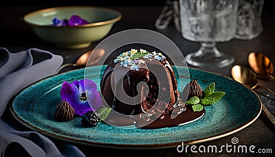 Chocolate lava cake. Dessert with topping and sprinkles served on a plate. Exclusive cake in a dark composition. Advertising. Cartoon Illustration