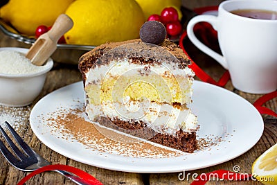 Chocolate lemon semolina cake , homemade layer cake with semolina citrus cream Stock Photo