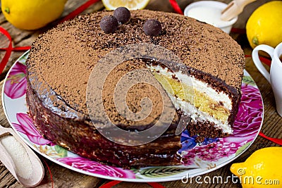 Chocolate lemon semolina cake , homemade layered cake with semolina citrus cream Stock Photo