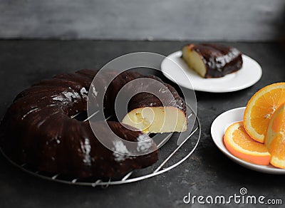 Chocolate mannick is a simple pie, it takes little time and effort to knead and bake. The result is a gentle baking. Stock Photo