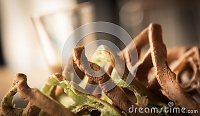 Chocolate and Matcha waffle closeup focused on waffle on vint Stock Photo