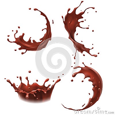Chocolate milk splash. Milkshake splashes drop, tasty chocolates milks shakes splashing realistic vector set Vector Illustration