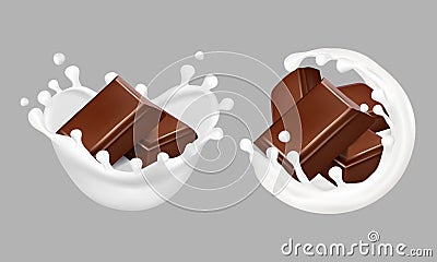 Chocolate and milk splashes. 3d realistic vector Vector Illustration