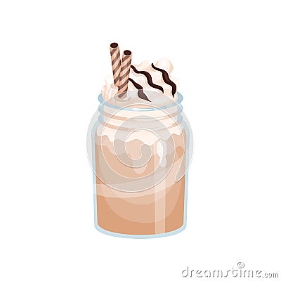 Chocolate or mocha milk smoothie, refreshment beverage in mason jar cartoon vector Illustration Vector Illustration