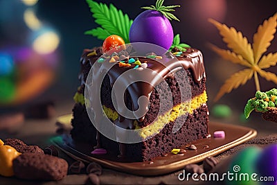 chocolate muffin and green marijuana leaf. recreational drug cannabis cake. Stock Photo