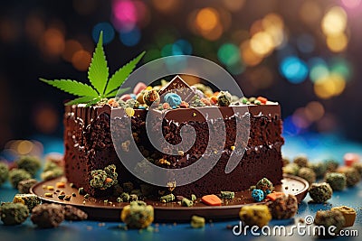 chocolate muffin and green marijuana leaf. recreational drug cannabis cake. Stock Photo