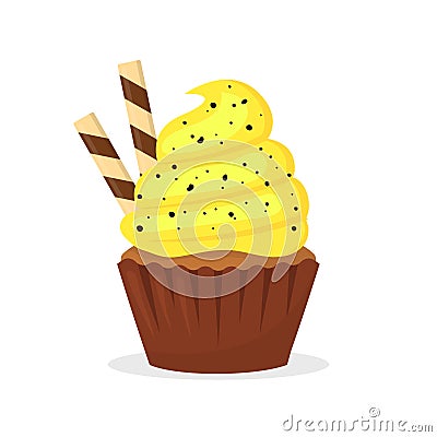 Chocolate muffin with yellow cream and thin wafer tubes. Sweet food, cupcake with frosting flat vector icon Vector Illustration