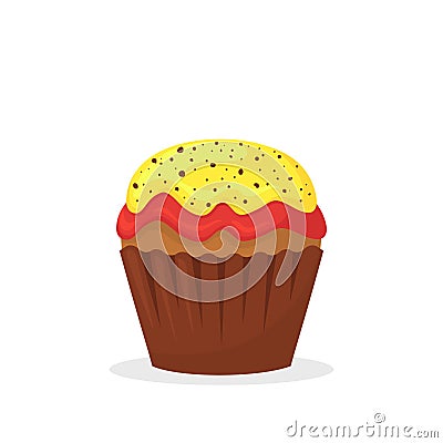 Chocolate muffin with yellow and red cream. Sweet food, cupcake with frosting flat vector icon Vector Illustration